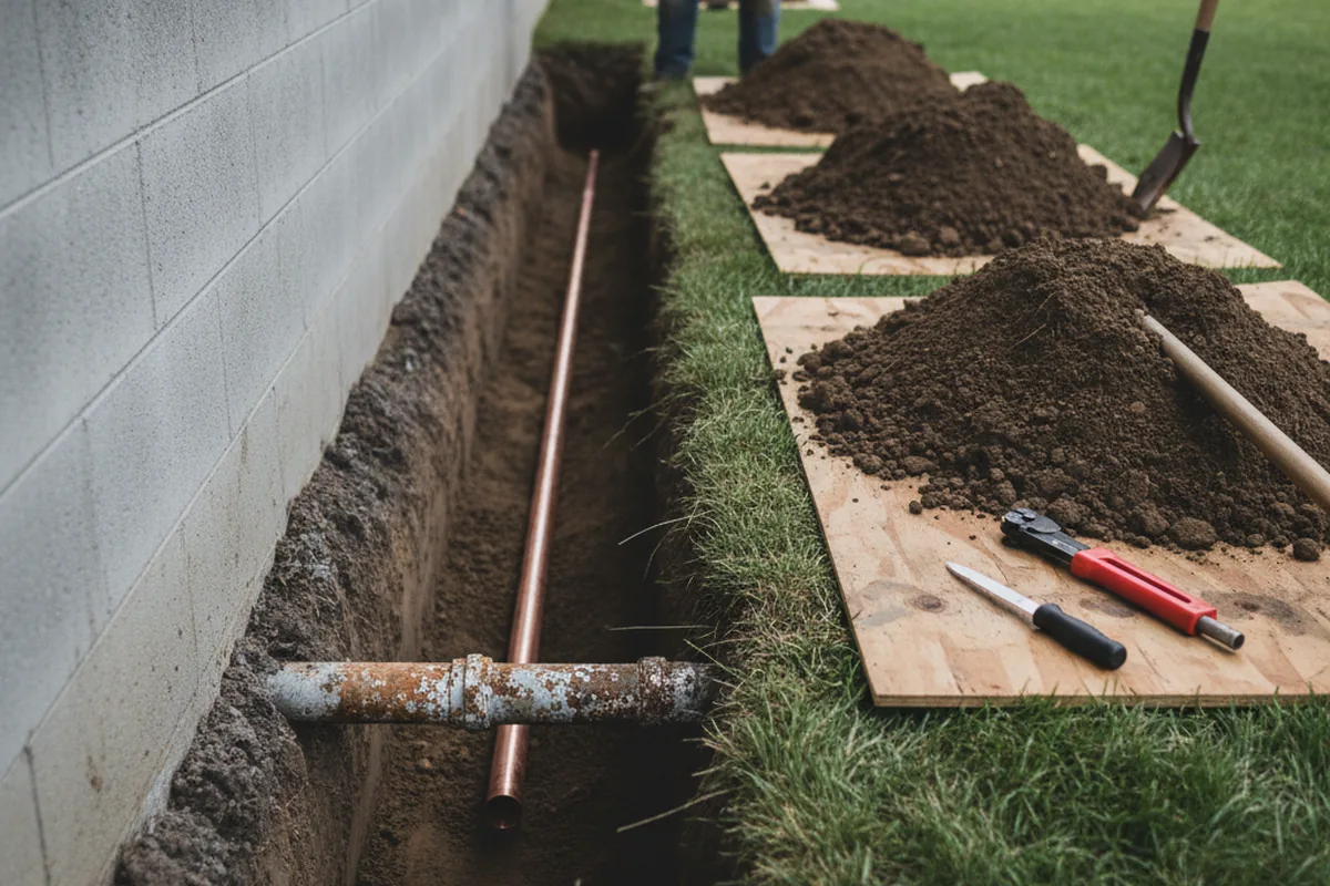 Excavated water line trench during Sewer Line Repair in Princeton